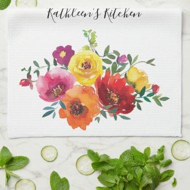 Personalized Red Yellow Pink Watercolor Floral Kitchen Towel