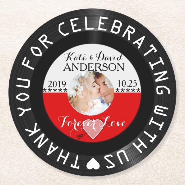 Personalized Retro Vinyl Record Wedding Favor Round Paper Coaster