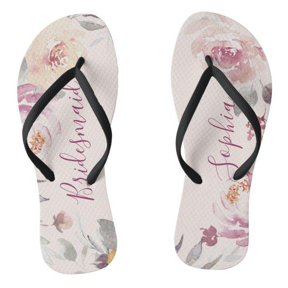 Personalized romantic garden floral bridesmaid flip flops