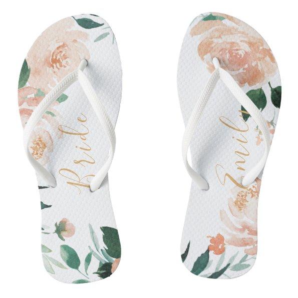 Personalized Romantic garden peach floral bride Flip Flops
