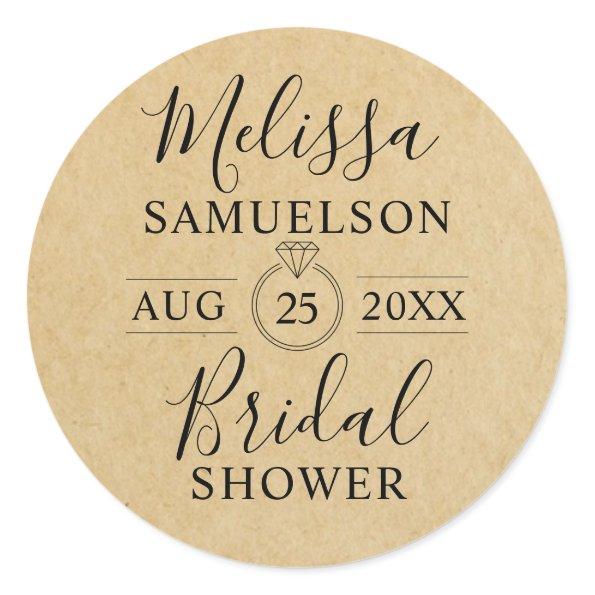 Personalized Rustic Kraft Paper Ring Bridal Shower Classic Round Sticker