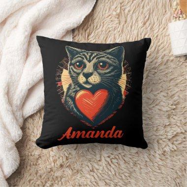 Personalized Sullen Black Valentine's Cat Throw Pillow