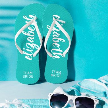 Personalized Team Bride Turquoise and White Flip Flops