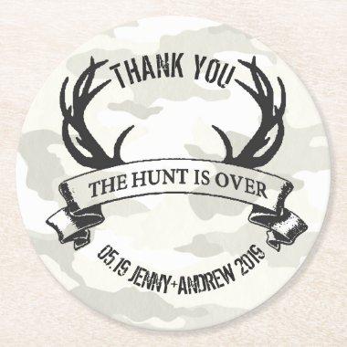 Personalized "The Hunt is Over" Rustic Wedding Round Paper Coaster