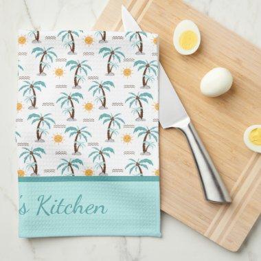 Personalized Tropical Palm Tree Sunshine Teal Kitchen Towel