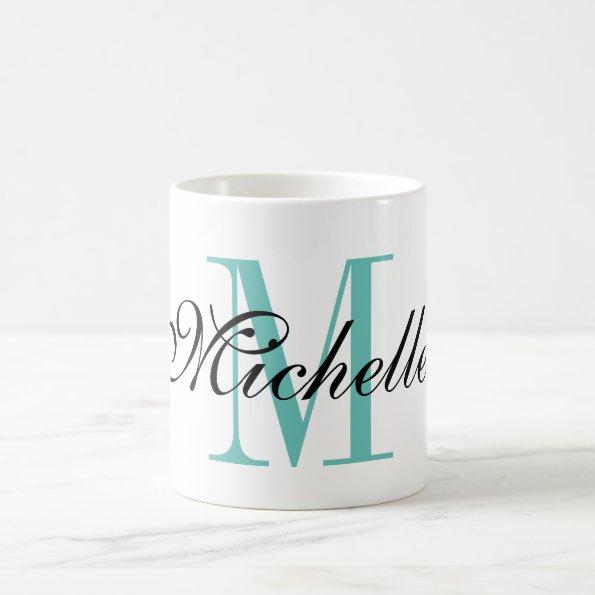 Personalized turquoise name monogram coffee mug