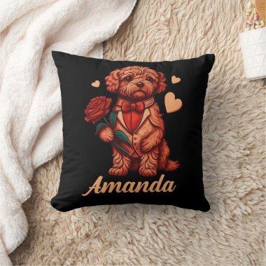 Personalized Valentine's Poodle with a Rose Throw Pillow