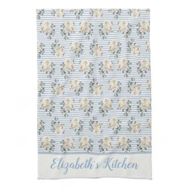 Personalized Vintage Blue White Stripes Floral Kitchen Towel