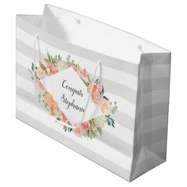 Personalized Watercolor Floral and Stripes Pattern Large Gift Bag