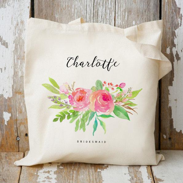 Personalized Watercolor Floral Bridesmaid Tote Bag
