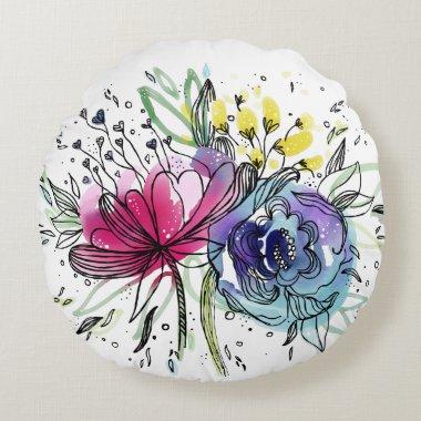 Personalized Watercolor Pink & Blue Flowers Design Round Pillow