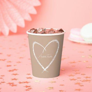 Personalized White Heart Bridal Shower Taupe Paper Cups
