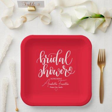 Personalized White Wedding Bridal Shower Red Paper Plates