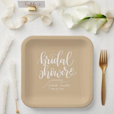 Personalized White Wedding Bridal Shower Tan Paper Plates