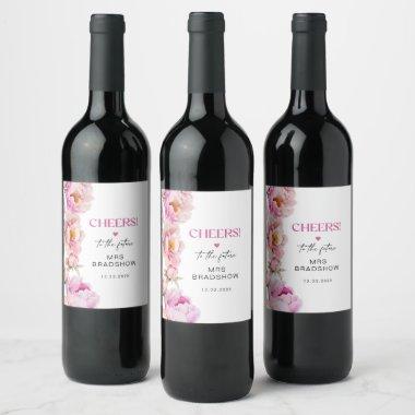 Petals and prosecco bright pink peony bridal wine label