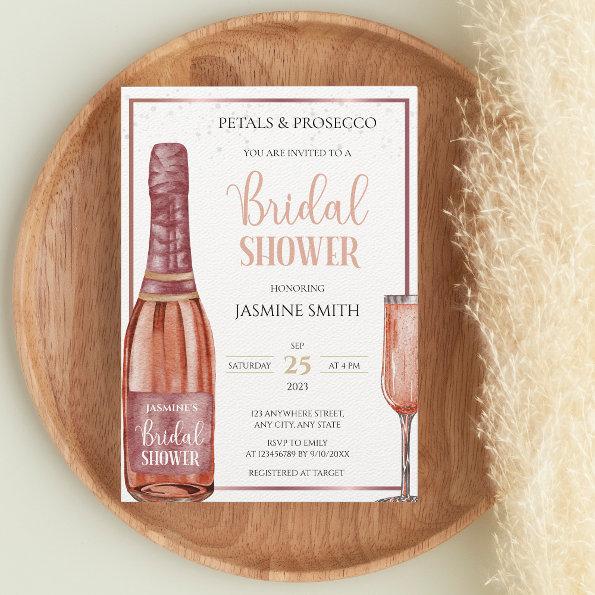 Petals and Prosecco Rose Gold Modern Bridal Shower Invitations