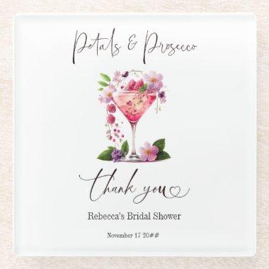 Petals & Prosecco Blush Pink Floral Bridal Shower Glass Coaster