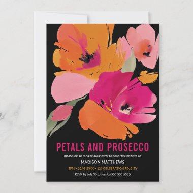 Petals & Prosecco Bright Abstract Floral Black Invitations