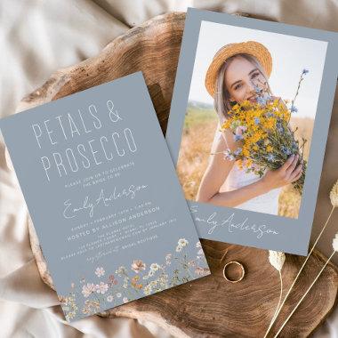 Petals & Prosecco Dusty Blue Wildflower Photo Invitations