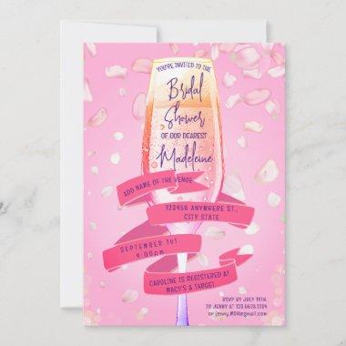 Petals & Prosecco Pink Ribbon Garden Bridal Shower Invitations