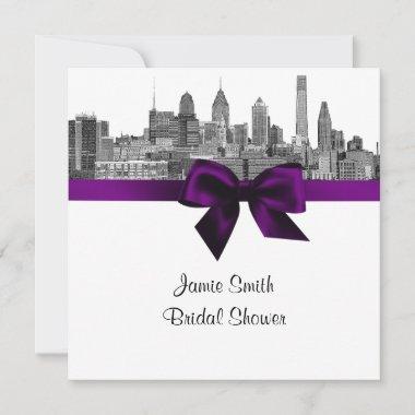 Philadelphia Skyline Etch BW Purple Bridal Shower Invitations
