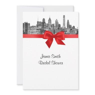 Philadelphia Skyline Etch BW Red V Bridal Shower Invitations