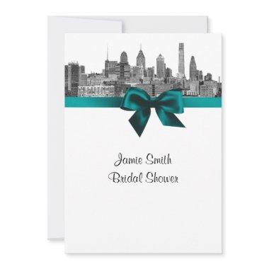 Philadelphia Skyline Etch BW Teal V Bridal Shower Invitations