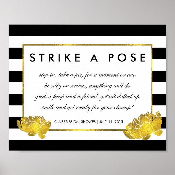 Photo Booth Poster Sign Black Stripe & Gold Peony