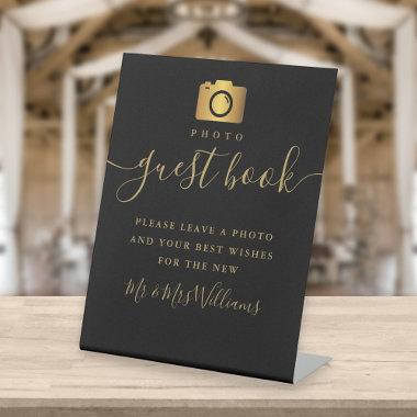 Photo Guest Book Black And Gold Signature Script Pedestal Sign