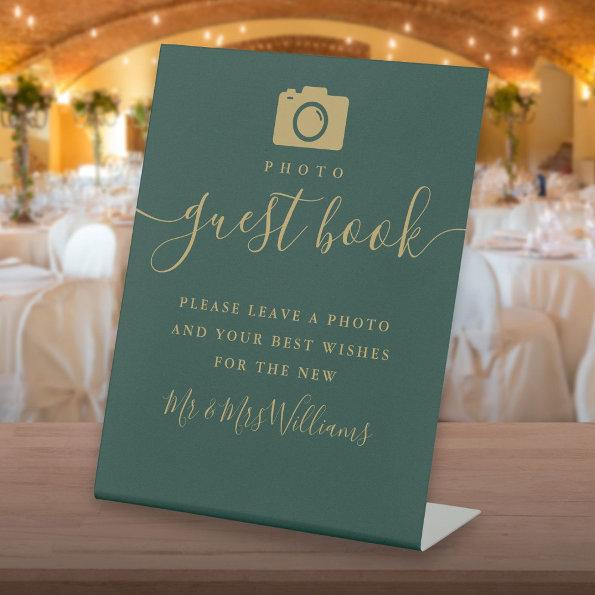 Photo Guest Book Emerald Green And Gold Script Pedestal Sign