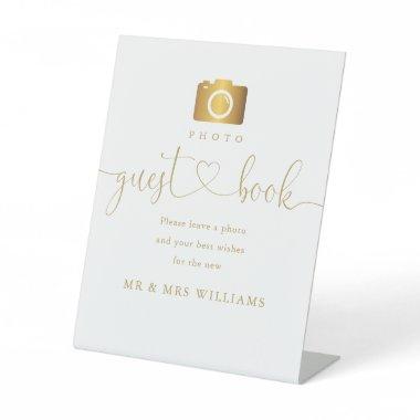 Photo Guest Book Modern Elegant Gold Script Pedestal Sign