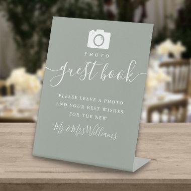 Photo Guest Book Sage Green Signature Script Pedestal Sign