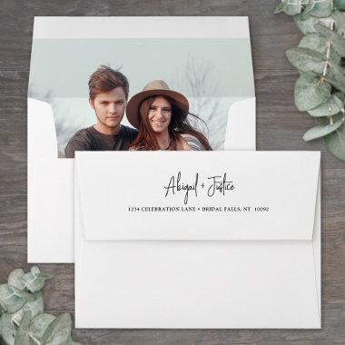 Photo Lined Modern Script Return Address Wedding Envelope