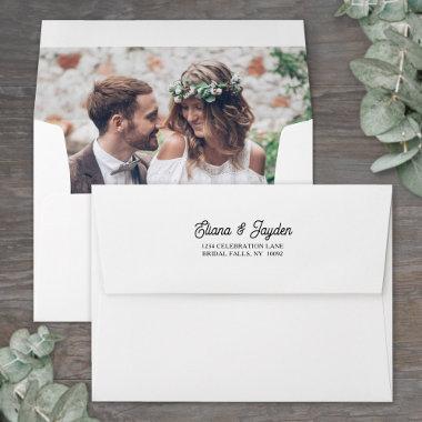 Photo Lined Retro Script Return Address Wedding Envelope