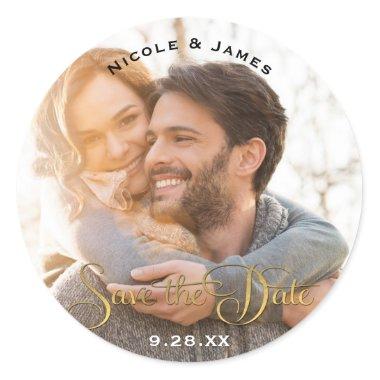 Photo Picture Elegant Gold Modern SAVE THE DATE Classic Round Sticker