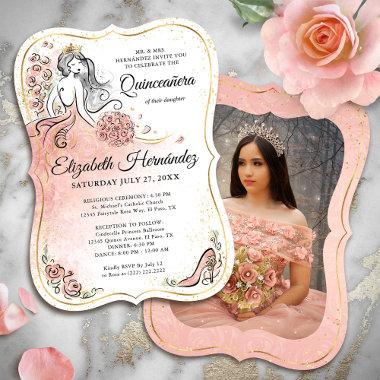 Photo Pink and Gold Princess Quinceanera Birthday Invitations