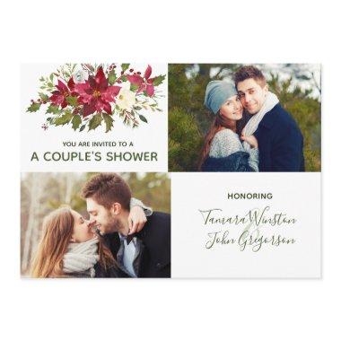 Photo Poinsettia Greenery Christmas Couples Shower Invitations