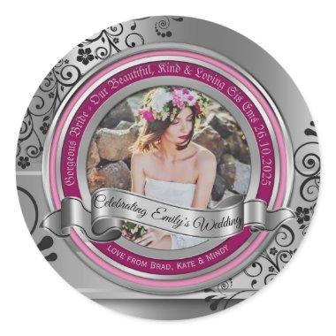 Photo Silver Black Flourish Elegant Banner Magenta Classic Round Sticker