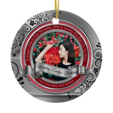 Photo Silver Black Flourish Elegant Banner Red Ceramic Ornament