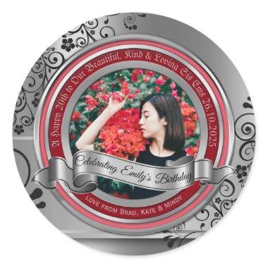 Photo Silver Black Flourish Elegant Banner Red Classic Round Sticker