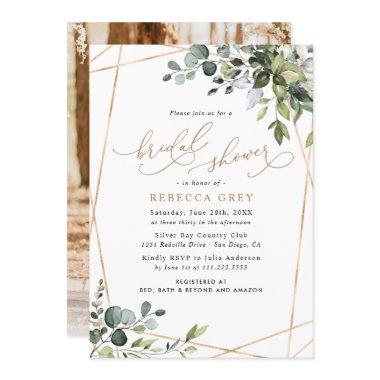 Photo Watercolor Greenery Gold Bridal Shower Invitations