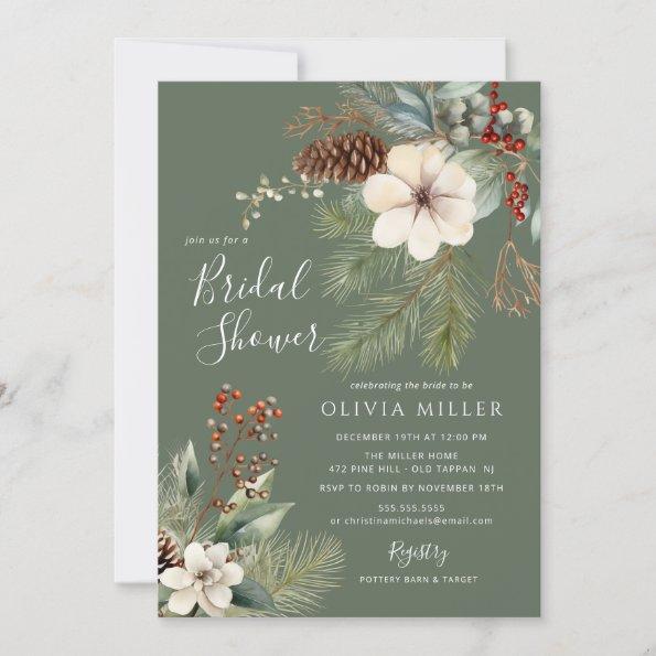 Pine Branch Winter Botanical Bridal Shower Invitations