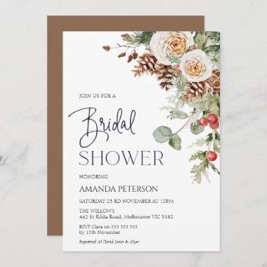 Pine Cone Winter Floral Bridal Shower Invitations