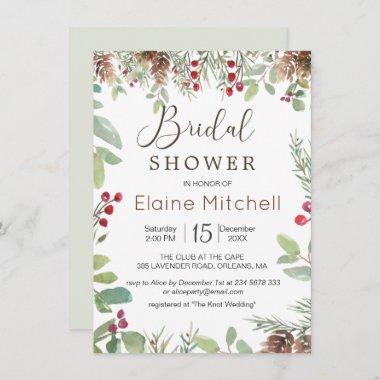 Pine Red Berry Winter Greenery Bridal Shower Invitations