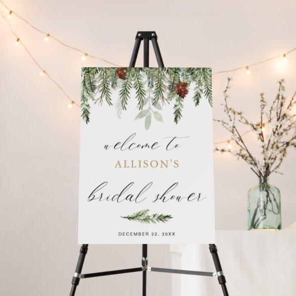 Pine tree acorns winter bridal shower welcome sign