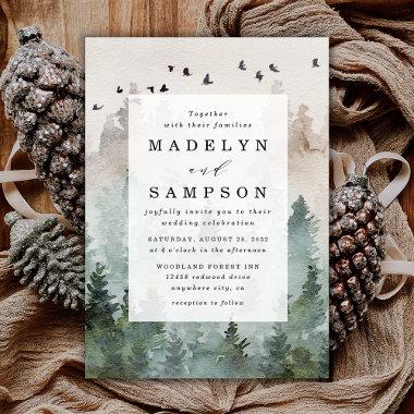 Pine Tree Forest Rustic Watercolor Themed Wedding Invitations