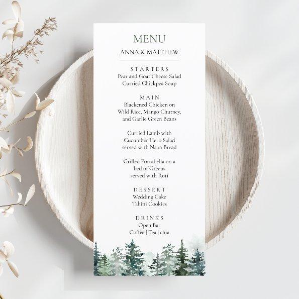 Pine Tree Forest Watercolor Mountains Wedding Menu