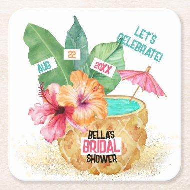 Pineapple Palm Tropical Beach Bridal Shower Square Paper Coaster
