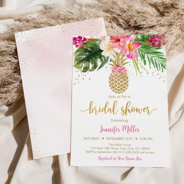 Pineapple Pink Gold Floral Bridal Shower Invitations