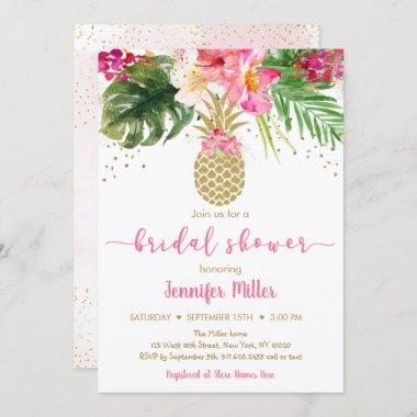 Pineapple Pink Gold Floral Tropical Bridal Shower Invitations
